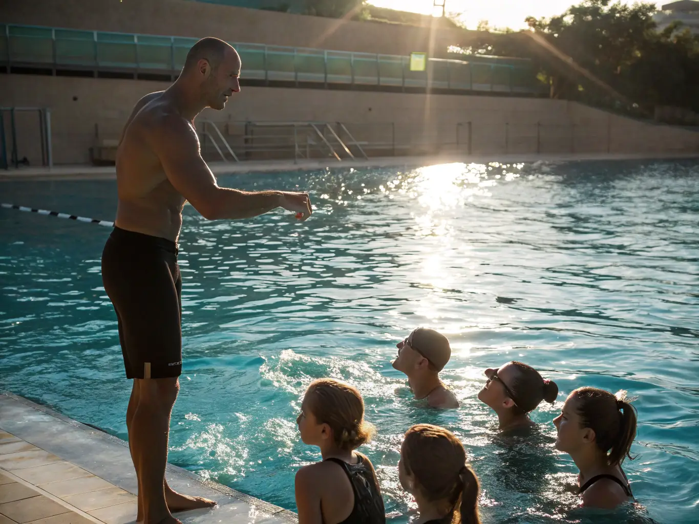 A coach instructing a young swimmer on proper freestyle technique in a clear, blue swimming pool.