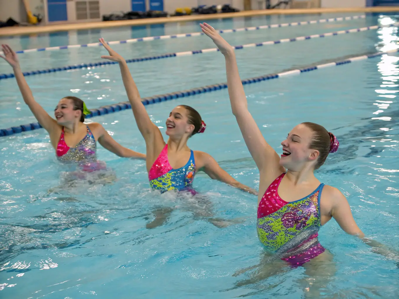 A group of young swimmers practicing synchronized swimming in an indoor pool, focusing on teamwork and coordination.