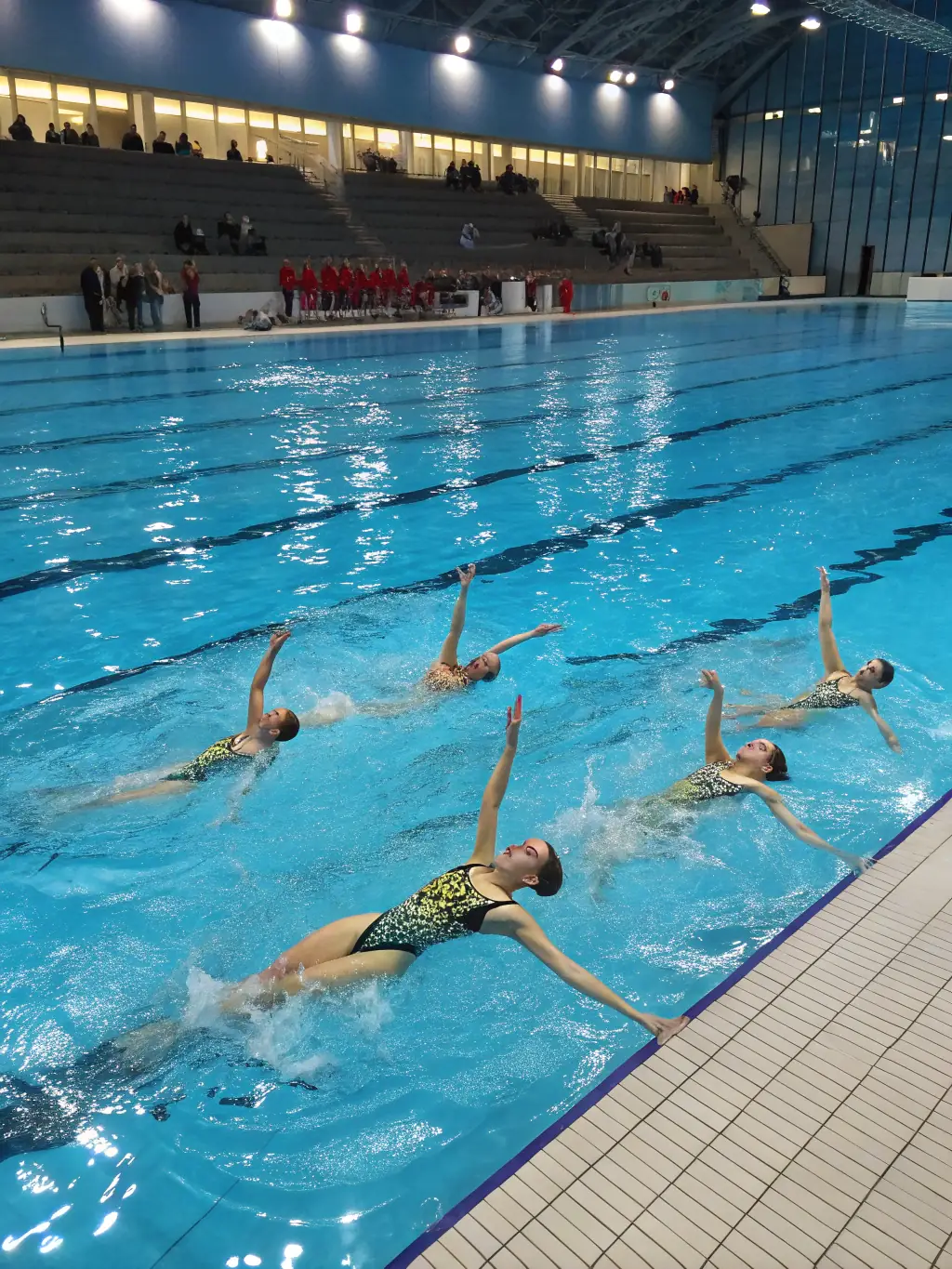 A photo of a synchronized swimming team practicing their routine, highlighting the artistic and collaborative aspects of the club's activities.
