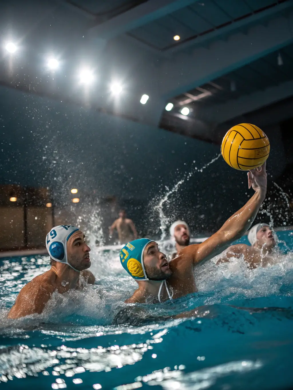 A picture of a water polo team in action during a game, showcasing the competitive and team-oriented activities available at the club.