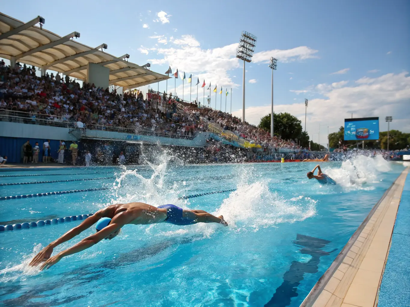 Swimmers participating in a competitive swimming race, showcasing speed and endurance in a large pool.